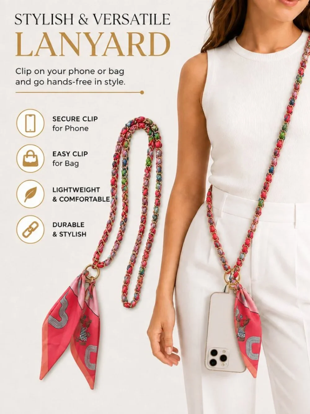 Ribbon Chain Phone Crossbody Lanyard with clear Tether Patch